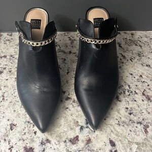 White House Black Market black high heels with adjustable strap. Gold chain.